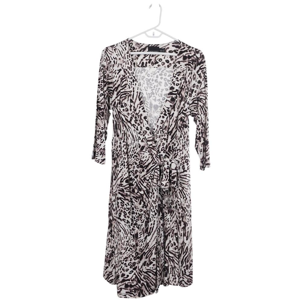 Cynthia Rowley Dress 1X Brown Animal Print Faux Wrap V-Neck 3/4 Sleeve Stretch
